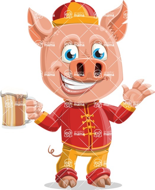 Year of the Pig Character - Vector Pig Cartoon - Year of the Pig Vector Character with Beer